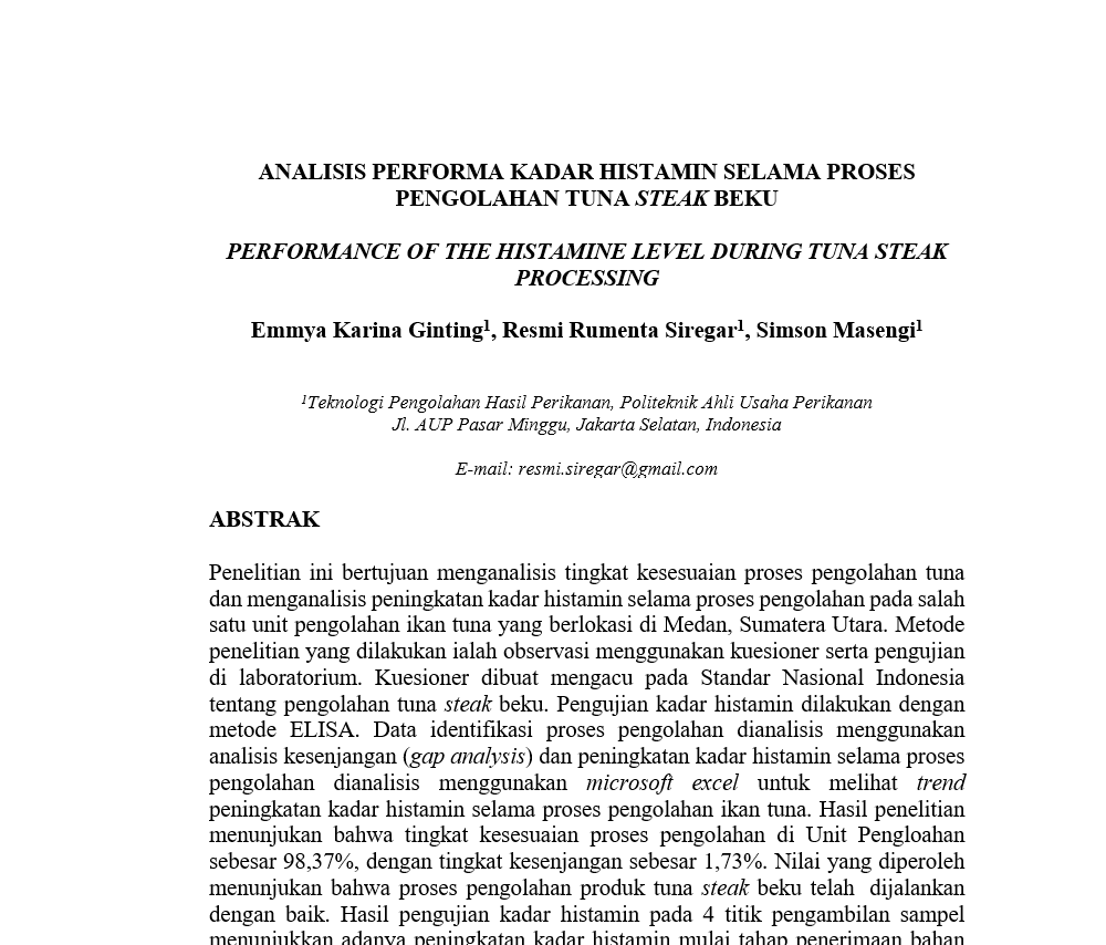 ANALISIS PERFORMA KADAR HISTAMIN SELAMA PROSES PENGOLAHAN TUNA STEAK BEKU
