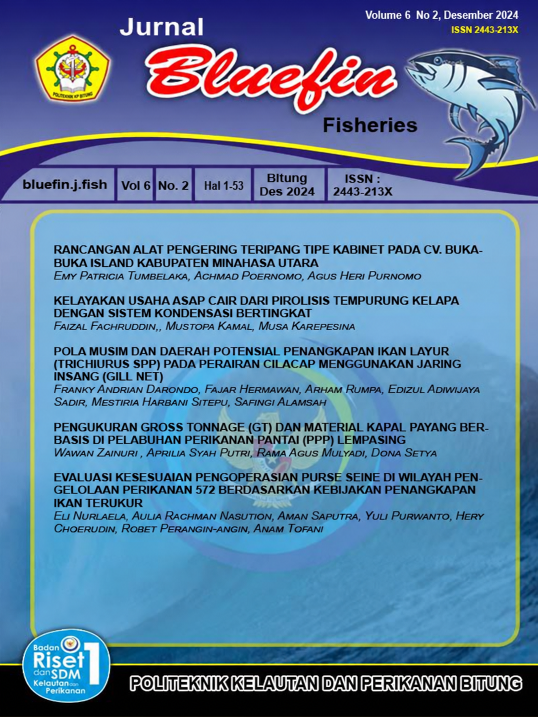 Cover of Jurnal Bluefin Fisheries, Volume 6 Number 2, December 2024, featuring a blue background, a bluefin tuna illustration, the journal logo, and the identity of Politeknik Kelautan dan Perikanan Bitung.